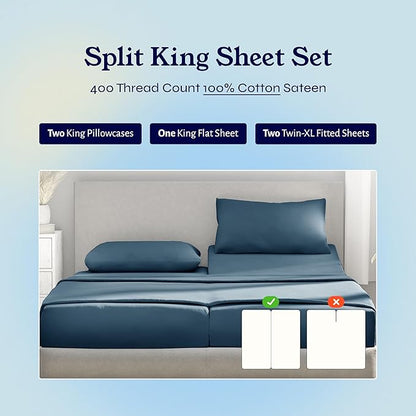 California Design Den Split King Sheets Sets for Adjustable Bed - Soft 100% Cotton Sheets, 400 Thread Count Sateen, Deep Pockets, Durable Bedding - Peacock Blue