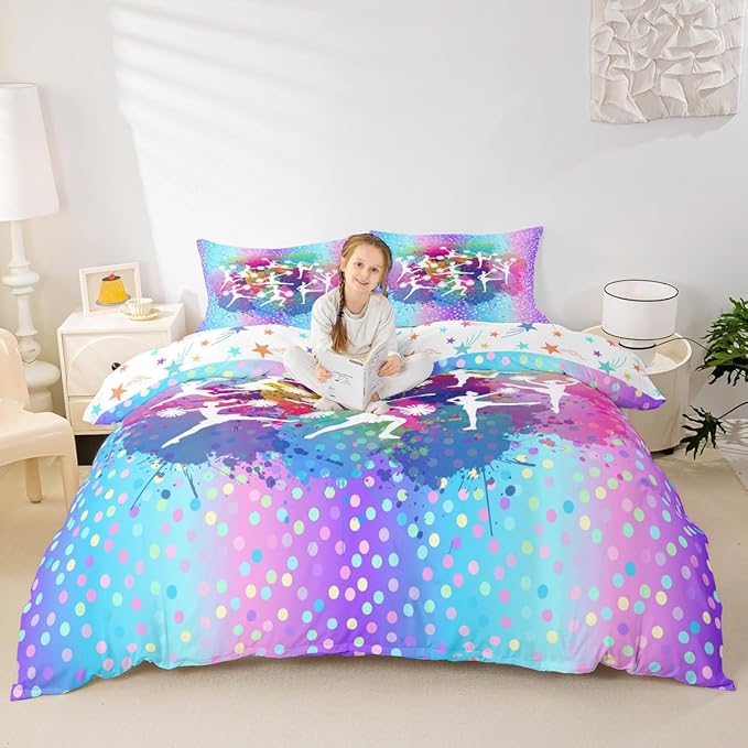 Cheerleading Girls Duvet Cover Sets Full Size,Gymnastics Dancing Lovers Bedding Set for Kids Teens Woman Room Decor,Rainbow Watercolor Graffiti Dots Comforter Cover Modern Fashion Quilt Cover 3pcs