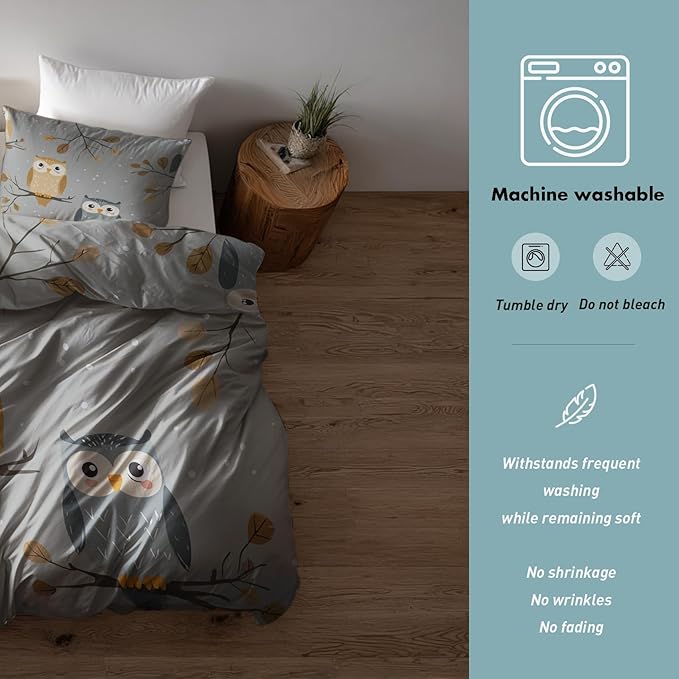Owl Duvet Cover Twin Size, Kids Boys Girls Bedding Set 3 Pcs (2 Pillow Shams), Super Soft Microfiber Bedroom Decor, Zipper & Ties CSXQ1246