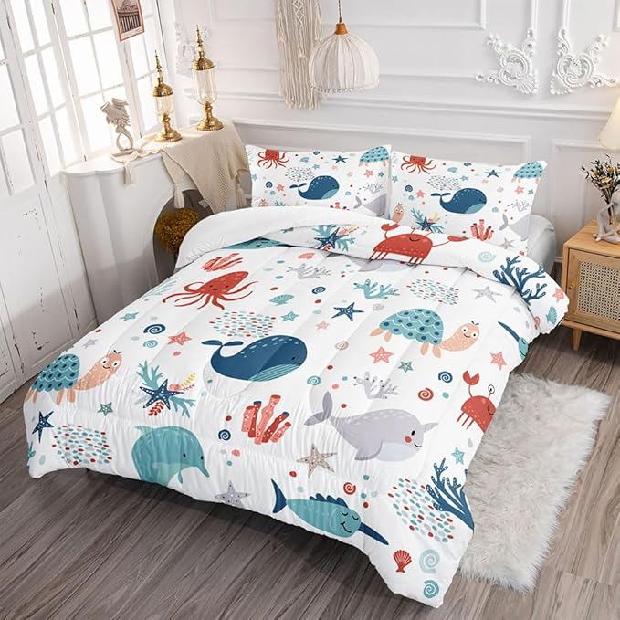 Kids Turtle Comforter Set Twin Beach Theme Dolphin Starfish Seaweed Bedding Set Sea Animal Octopus Reptile Bed Set with 2 Pillowcases for Boys Girls Room Decor