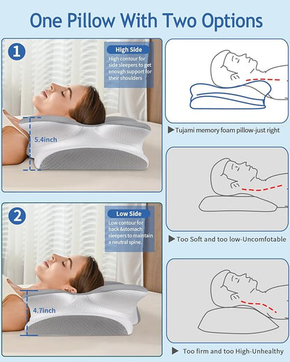 Cervical Neck Pillow for Pain Relief Sleeping, Cooling Ergonomic Contour Side Sleeper Pillow for Neck Support, Odorless Soft Memory Foam Orthopedic Bed Rest Pillow for Back Stomach Sleeper, Grey
