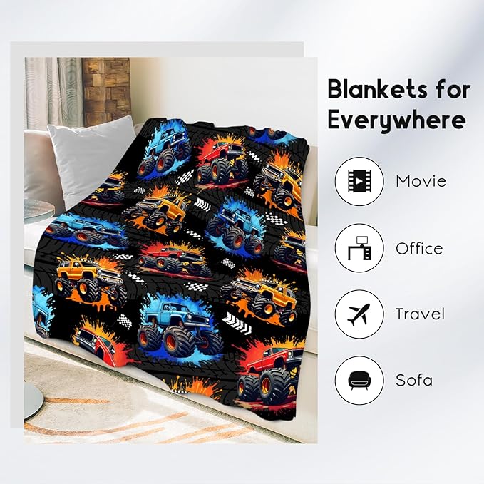 Boys Blanket - Truck Blankets for Kids Adults - Plush Cozy Flannel Large Throws - Car-Themed Decor for Couch Bedroom (60"x80")
