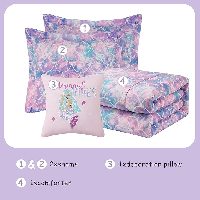 Kids Comforter Set Full Size for Girls, Glow in The Dark Mermaid Bedding Set 1 Comforter, 1 Decor Pillow, 2 Pillow Shams