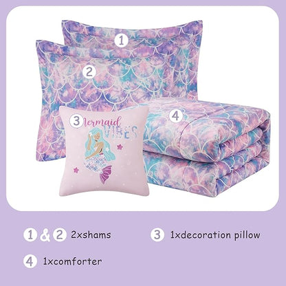 Kids Comforter Set Full Size for Girls, Glow in The Dark Mermaid Bedding Set 1 Comforter, 1 Decor Pillow, 2 Pillow Shams