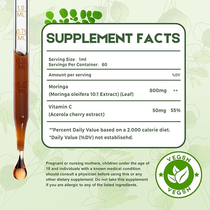 Moringa Leaf Drops with Vitamin C, Moringa Oleifera Extract Liquid Drops for Immunity Support,Antioxidant,Overall Health & Energy,Vegan Herbal Supplement 2 fl oz