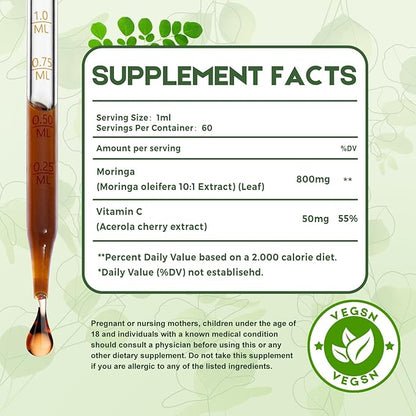 Moringa Leaf Drops with Vitamin C, Moringa Oleifera Extract Liquid Drops for Immunity Support,Antioxidant,Overall Health & Energy,Vegan Herbal Supplement 2 fl oz