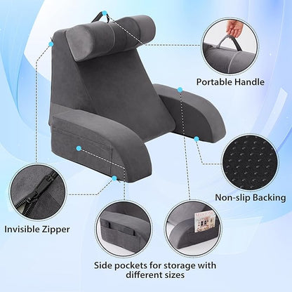 Reading Pillow for Sitting in Bed Adult, Back Pillow for Bed Sitting up, Backrest Pillow with Arms, Back Support Pillows for Gaming Lounging Watching TV, Medium 19" Grey