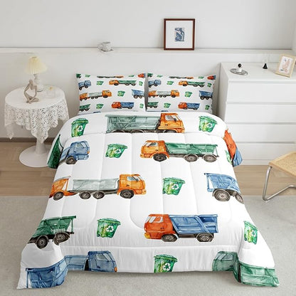 Erosebridal Toddler Bedding Set Garbage Trucks Comforter Set Vintage Watercolor Garbage and Trash Truck Bedding Comforter Sets King for Boys Girls Refuse Classification Trash Vehicles Bed Set