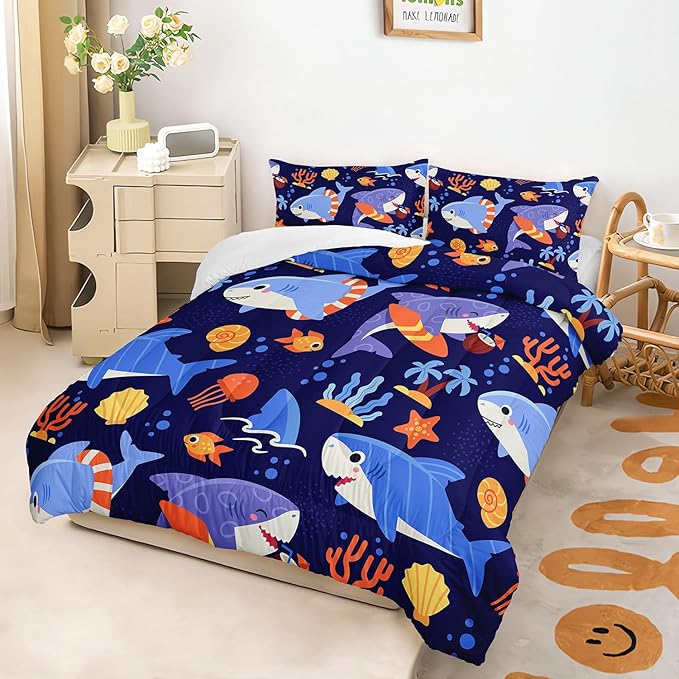 Kawaii Swimming Shark Themed Comforter 3Pcs Full Deep Blue Ocean Sea Animal Coral Bedding Set for Kid Teen Girl Boy Adult Fish Starfish Shell Quilt Bed Decor with 1 Comforter and 2 Pillowcases