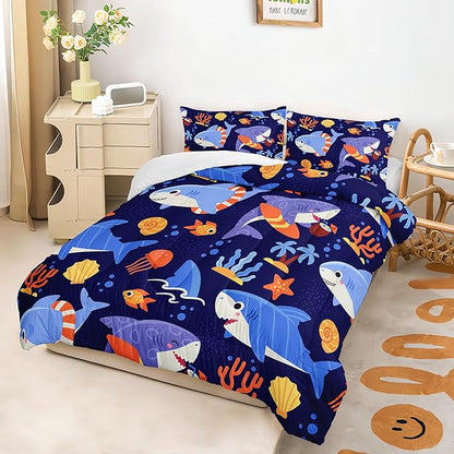 Kawaii Swimming Shark Themed Comforter 3Pcs Queen Deep Blue Ocean Sea Animal Coral Bedding Set for Kid Teen Girl Boy Adult Fish Starfish Shell Quilt Bed Decor with 1 Comforter and 2 Pillowcases