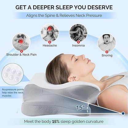 Cervical Pillow for Neck Pain Relief，Ergonomic Cooling Dual-Sided Orthopedic Neck Pillow with Ice Silk Pillowcase, Breathable Memory Foam Contour Pillow for Side, Back, Stomach Sleepers
