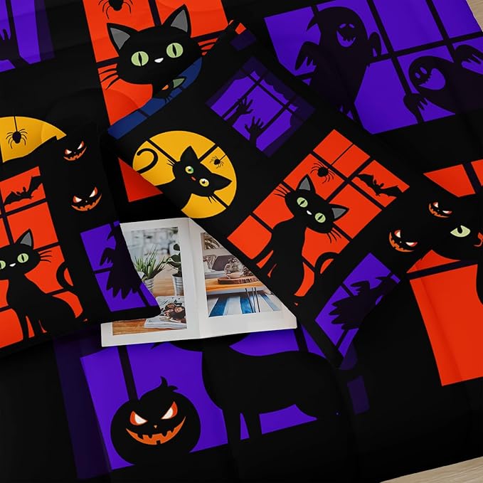 Halloween Black Cat Kids Comforter Set Full，Full Size Halloween Bedding Set,Cat Bedding Set for Girls Teens Kids Boys Adults Room Decor with 1 Comforter with 2 Pillow Case