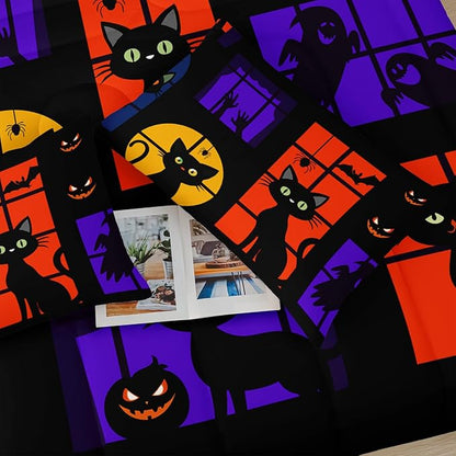 Halloween Black Cat Kids Comforter Set Full，Full Size Halloween Bedding Set,Cat Bedding Set for Girls Teens Kids Boys Adults Room Decor with 1 Comforter with 2 Pillow Case