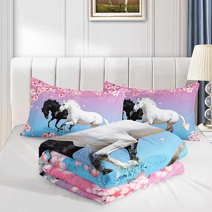 Kid Horse Comforter Set Twin Floral Animal Theme Handsome Horse Chic Cherry Blossom Bedding Set 3D Wild Animal Decor Quilt Set for Girls Adult, 1 Comforter + 2 Pillowcases