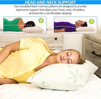 King Size Rayon Derived from Bamboo Pillow, Cooling Shredded Memory Foam Bed Pillows Sets for Back, Stomach, Side Sleepers, Adjustable Soft Firm, Washable Cover, King (Pack of 1)