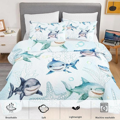 Ocean Blue Shark Quilts Bedding Set Full Size for Boys Girls Adult 3Pcs Shark Starfish Quilt Bed Set All Season Seaweed Bedspreads Coverlet with 1 Quilt and 2 Pillowcases for Room Decor