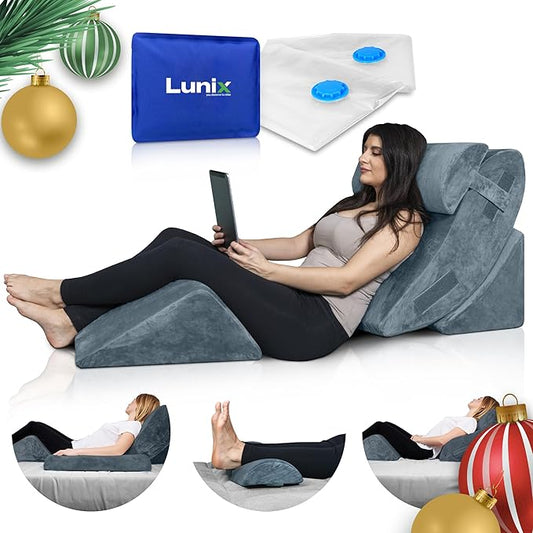 Lunix 4pcs Orthopedic Bed Wedge Pillow Set, Post Surgery Memory Foam for Back, Knee, Leg Pain Relief, Sitting Pillow for Sleeping, Acid Reflux, GERD, with Hot Cold Pack, 100% Navy