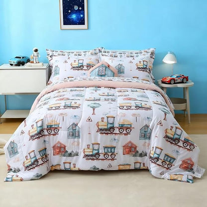 Mooreeke Kids Twin Comforter Sets for Boys 6 Pieces Train Bedding Set for Teens Microfiber Country Train Town Kids Bed in A Bag with Comforter, Sheet Set, Shams and Decorative Toy Pillow All Season