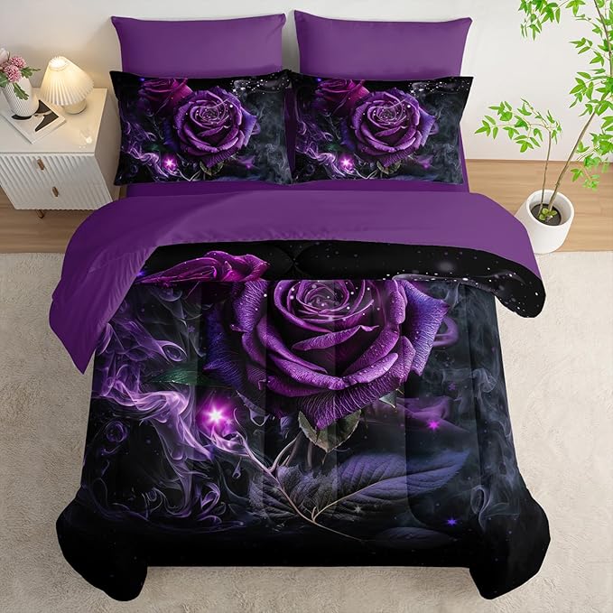 Rose Comforter Set 7 Piece King Size Bed in A Bag,Flowers Bedding for Room Decor,Soft Rose Bedding with Fitted Sheet,Flat Sheet, Pillowcases & Shams