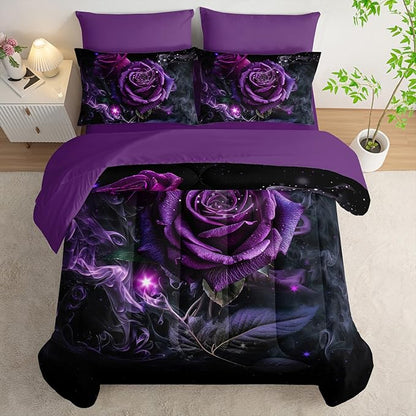 Rose Comforter Set 7 Piece King Size Bed in A Bag,Flowers Bedding for Room Decor,Soft Rose Bedding with Fitted Sheet,Flat Sheet, Pillowcases & Shams
