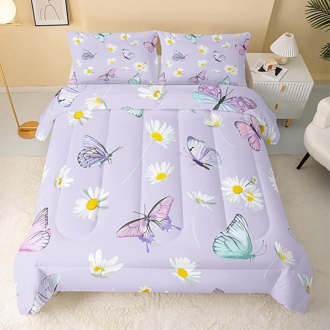 QOOMO Butterfly Comforter Set for Kids Teens Girls Women,Daisy Kids Comforter,1 Comforter with 2 Pillowcase, Microfiber 3 Piece Bedding Set,for All Seasons，King Size