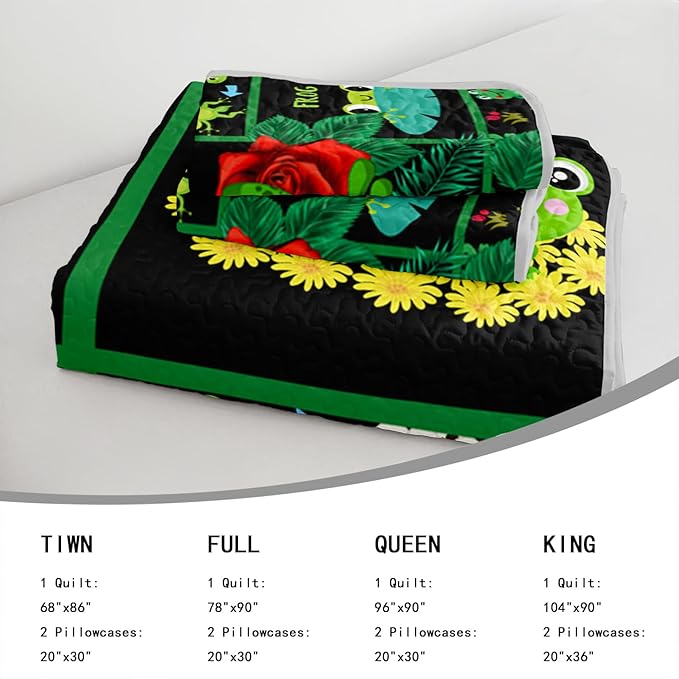 AILONEN 3-Piece Frog Green Quilt Set King, Flower Animal Design for Kids Boys Girls,Breathable Soft Quilt Bedspread Bed Cover for All Season, 1 Quilt and 2 Pillowcases