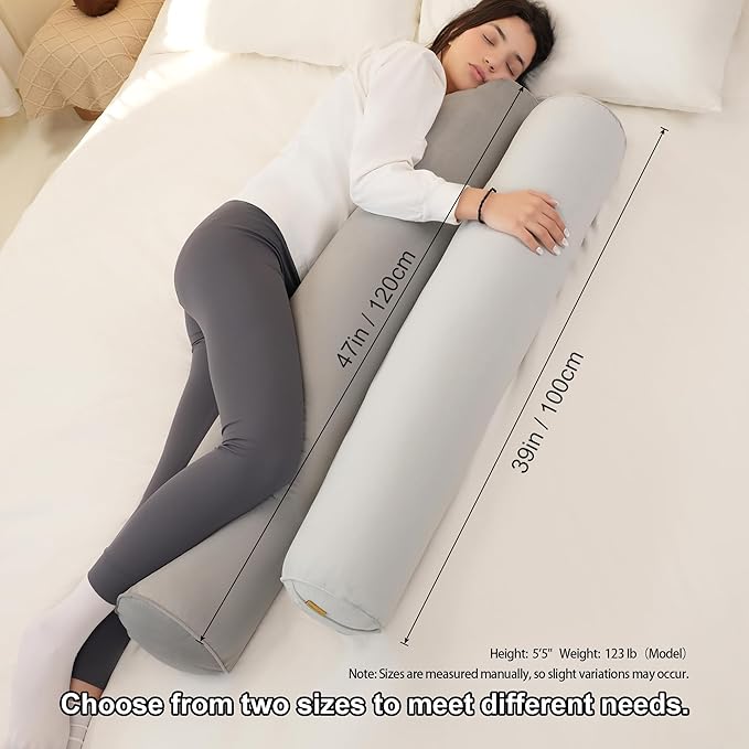 Body Pillow for Adults – Long Bolster Pillow for Bed, Round Cuddle Pillow, Full Support for Side Sleepers,47 x 7.87 Inches,Silver Gray