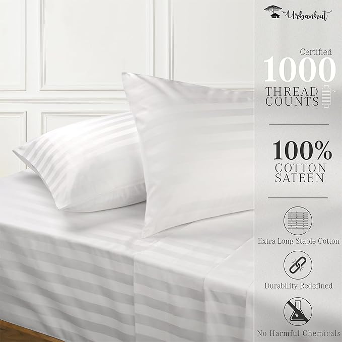 URBANHUT 1000 Thread Count Egyptian Cotton Sheets Damask Striped Full Size, Long Staple Soft & Breathable, 4 Pc Bed Sheet Sets, Luxury Hotel Sateen Sheets Fits 16" Deep Pocket - White