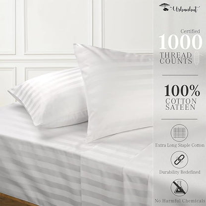 URBANHUT 1000 Thread Count Egyptian Cotton Sheets Damask Striped California King Size, Long Staple Soft & Breathable, 4 Pc Bed Sheet Sets, Luxury Hotel Sateen Sheets Fits 16" Deep Pocket - White