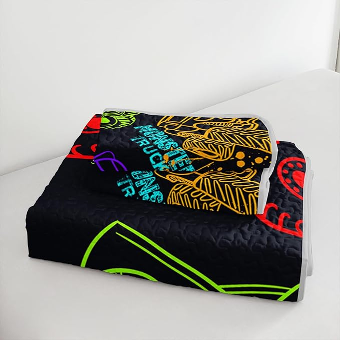 QOOMO Truck Quilt Set Twin Size,Car Bedspread Coverlet Set,Vehicle 3Pcs Bedding Set Printed Quilt with 2 Pillowcases,Soft and Lightweight,for All Seasons
