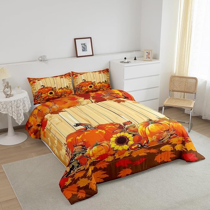 Feelyou Fall Pumpkin Bedding Set Full Size Thanksgiving Harvest Season Fruit Decor Comforter Set for Kids Boys Girls Decor Maple Leaf Comforter Microfiber Deep Orange Duvet Set
