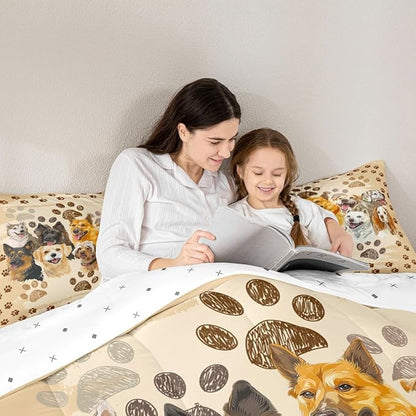 Castle Fairy Puppy Dogs Comforter Set Twin Size,Funny Cute Pet Dog Paw Print Bedding Set for Kids Boys Men,Vintage Watercolor Dogs Animal Quilted Duvet Set with 1 Pillowcase