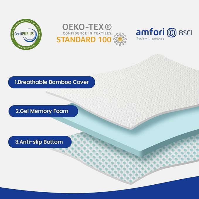 3 Inch Gel Memory Foam Mattress Topper Queen, Cooling Mattress Topper with Removable & Washable Bamboo Cover, CertiPUR-US Certified