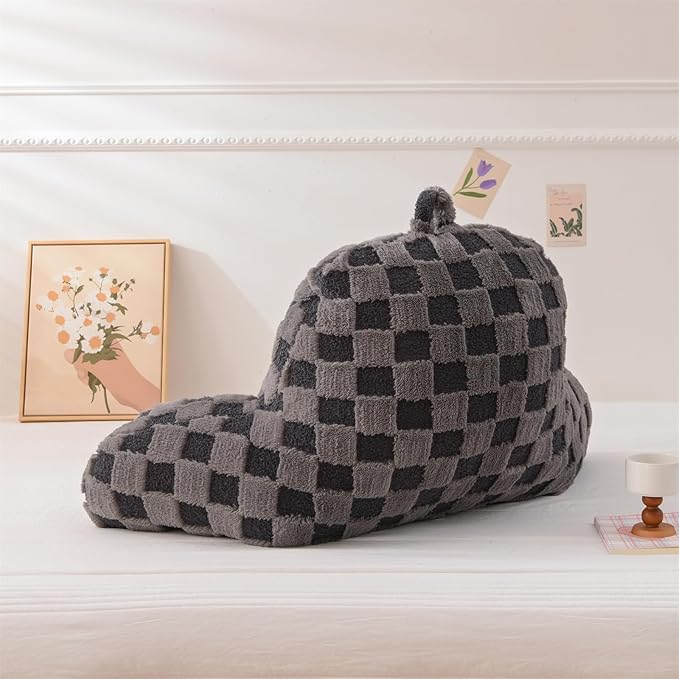 Aimuan Reading Pillow Checkered Bed Rest Wedge Backrest Checkerboard Pillow with Arms Back Support for Sitting Up in Bed Cushion Incline Rest Sleeping Snoring Pillow (Dark Grey,Large)