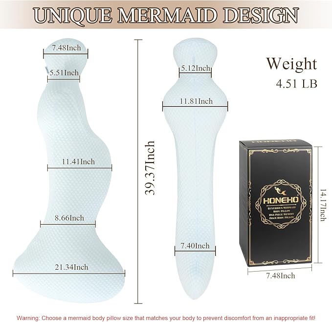 Small Mermaid Body Pillows, Cooling One Piece Body Pillows for Adults, Long Pillow for Bed, Full Memory Foam Body Pillow, Big Hugging Pillows, Soft Firm Body Pillow for Side Sleeper/Pregnancy