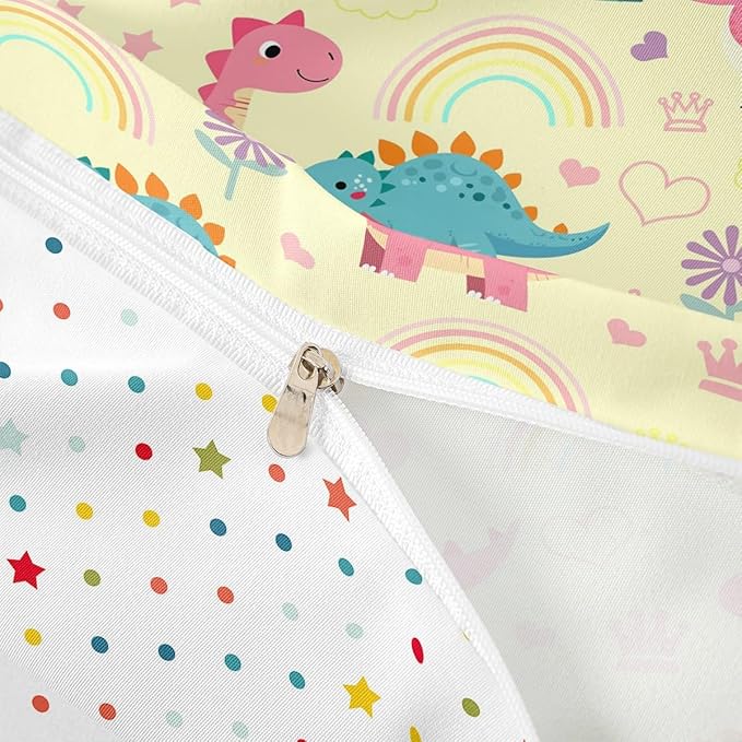 Kawaii Dino Duvet Cover Set Full Size,Cute Rainbow Floral Love Heart Reversible Quilt Cover with 2 Pillowcases,Pink Yellow Dinosaur Lovely Animal Breathable Bedding Set (NO Comforter), Soft