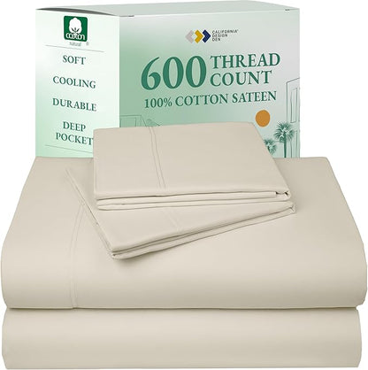 California Design Den Deep Pocket King Sheets Set - Luxury 600 Thread Count 100% Cotton Sateen, King Size Sheet Set, All Around Elastic, Snug Fit, Hotel Quality Bedding - Ivory (Warm Cream)
