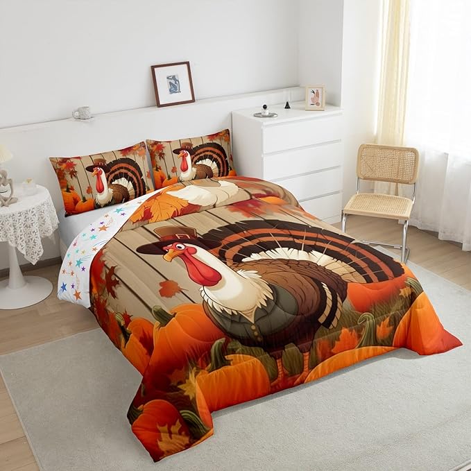 Feelyou Turkey Bedding Set Toddler Size Soft Thanksgiving Harvest Season Fruit Decor Comforter Set for Kids Boys Girls Decor Fall Pumpkin Comforter Microfiber Gamboge Duvet Set