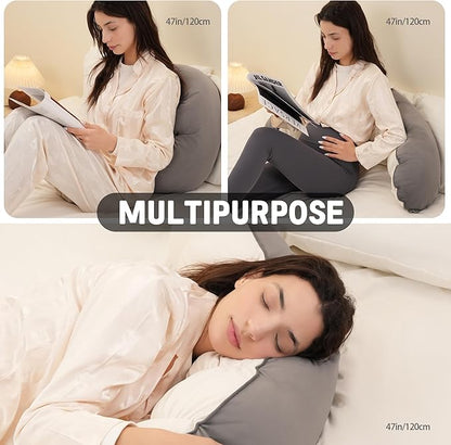 Peallow(Pat. Pend) – Long Round Body Pillow for Adults, Bolster Pillow for Sleeping, Soft and Supportive Pillow for Sleeping & Lumbar Support (Gray-White, 47")