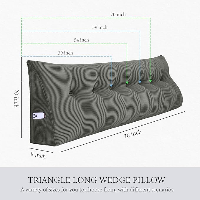 14 lbs Thickened King Wedge Pillow Headboard Body Positioner Triangular Reading Pillow Bed Bolster Pillow for Sitting in Bedwith Removable Cover Gift for Mom Backrest Cordury Gray