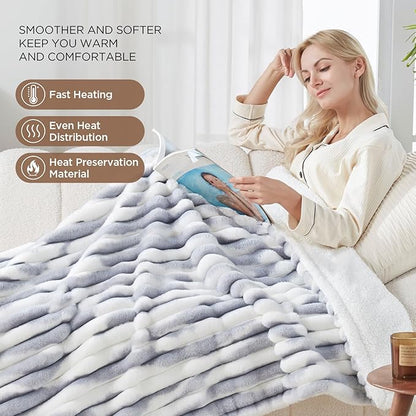 Westinghouse Electric Blanket Heated Throw, Super Cozy Luxury Faux Fur & Sherpa with 6 Heating Levels & 2-10 Hours Auto Off, Fast Heating & Overheat Protection, 50x60 Inch, Blue Gray