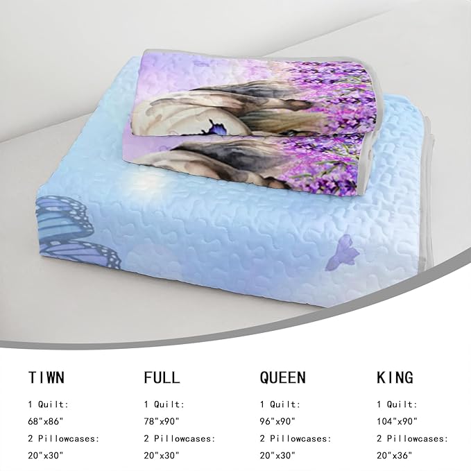 AILONEN Quilt Set Queen Size, Purple Floral Horse Soft Bed Cover Bedding Set for Kids and Adults, Farmhouse Lightweight Bedspread Coverlet with 2 Pillowcases All Season