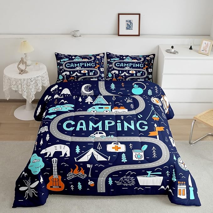 Feelyou Kids Camper Bedding Set Twin Cute Happy Camping Comforter for Boys Girls Farmhouse Rustic Wild Adventure Bedroom Decor Comforter Set Blue Nature Wildlife Quilted Set with 1 Pillow Case