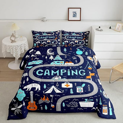 Feelyou Kids Camper Bedding Set Twin Cute Happy Camping Comforter for Boys Girls Farmhouse Rustic Wild Adventure Bedroom Decor Comforter Set Blue Nature Wildlife Quilted Set with 1 Pillow Case