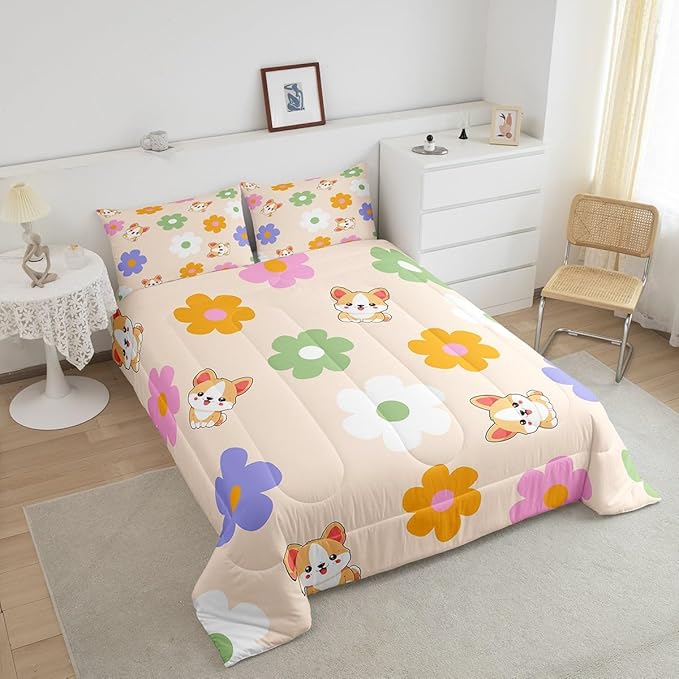 Colorful Daisy Comforter Set Queen Size 3 Pcs Cute Dog Corgi Cartoon Pet Animal Bedding Comforter for Kids Boys Girls Teens Watercolor Hippie Flowers Rustic Style Bedroom Quilt Set with 2 Pillowcases