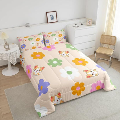 Colorful Daisy Comforter Set Twin Size 2 Pcs Cute Dog Corgi Cartoon Pet Animal Bedding Set for Kids Boys Girls Teens Watercolor Hippie Flowers Rustic Style Microfiber Duvet Set with 1 Pillowcase