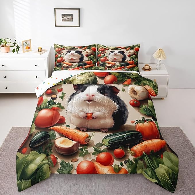 Cute Guinea Pig Comforter Set Toddler Size 3D Fresh Vegetables Bedding Set Bedroom Decor Lovely Wild Animal Quilt Set for Kids Boys Girls Carrot Fruit Duvet Insert 2Pcs