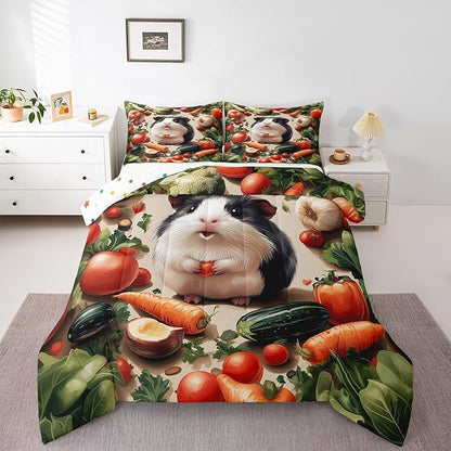 Cute Guinea Pig Comforter Set Queen Size 3D Fresh Vegetables Bedding Set Bedroom Decor Lovely Wild Animal Quilt Set for Kids Boys Girls Carrot Fruit Duvet Insert 3Pcs