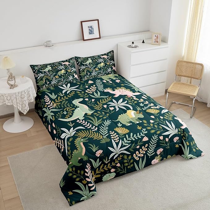 Castle Fairy Cute Dinosaur Comforter Set Queen Size,Kids Cartoon Dino Kawaii Animal Bedding Set for Women Adult,Green Pink Leaves Plant Botanical Luxury Bed Duvet Insert, 2 Pillowcases