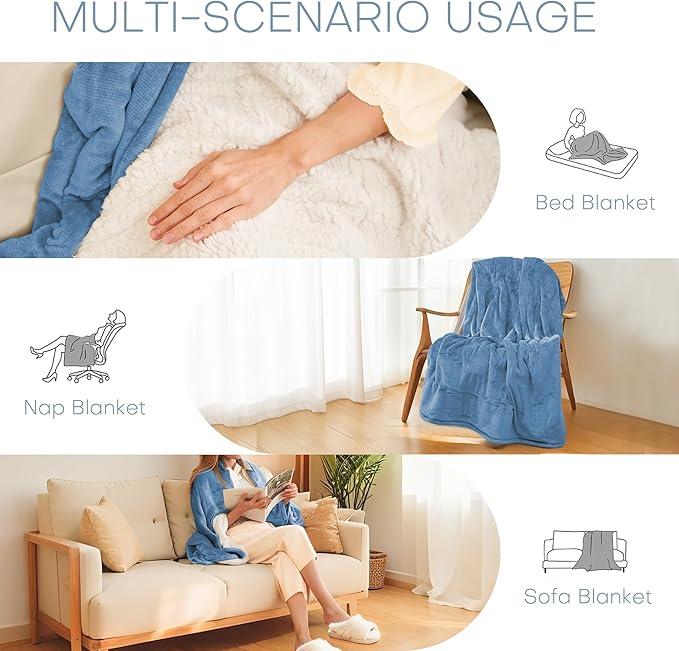 Electric Heated Blanket Throw Size 50"x60" - Flannel & Sherpa Fabric Dual-Sided, 6 Heat Settings & 1-3 Hours Auto Off, Soft & Cozy Warming Throw for Home, Office, or Bed, Machine Washable, Slate Blue